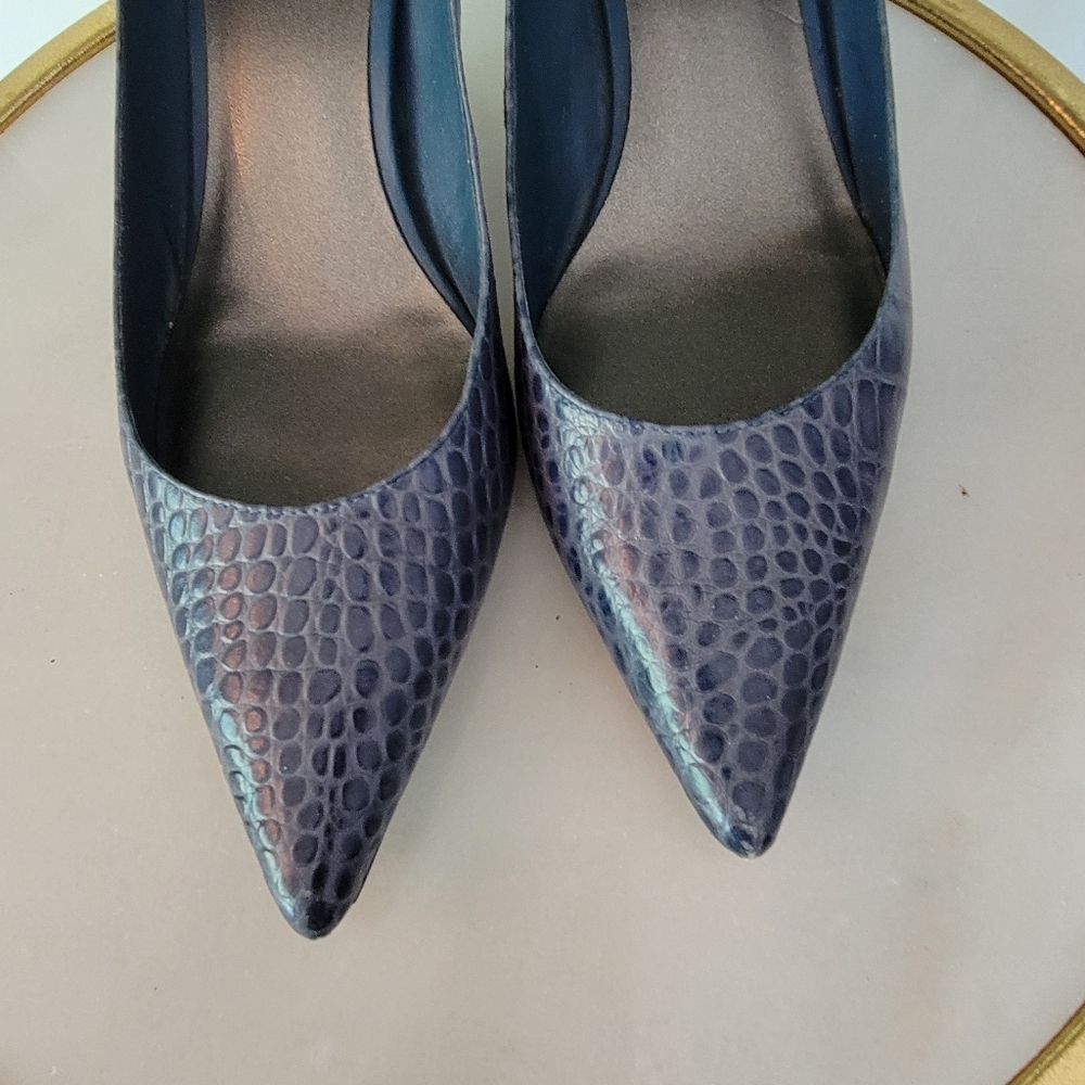 Nine West.  Blue crocodile print kitten heels.  Size 10